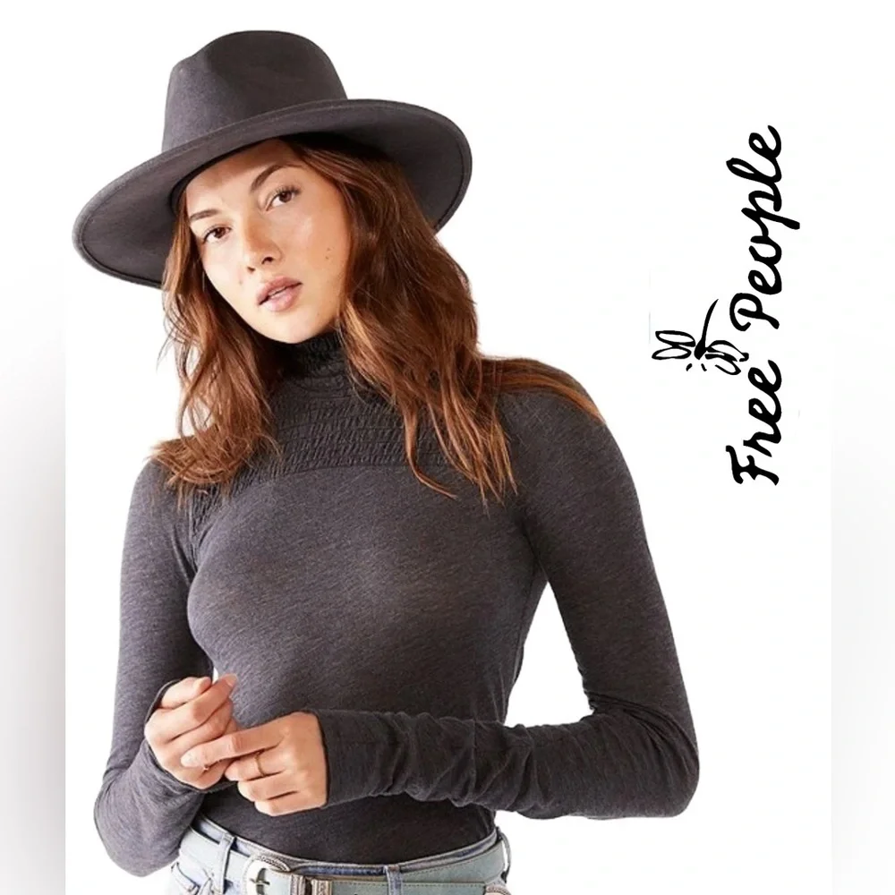 Free People Smocked Jersey Top High Neck Long Sleeve Charcoal Grey | Size Large - Picture 1 of 9
